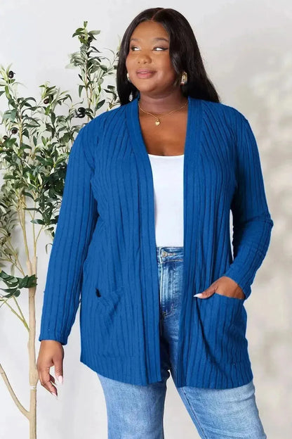 Basic Bae Full Size Ribbed Open Front Cardigan with Pockets - Bad Moms Club