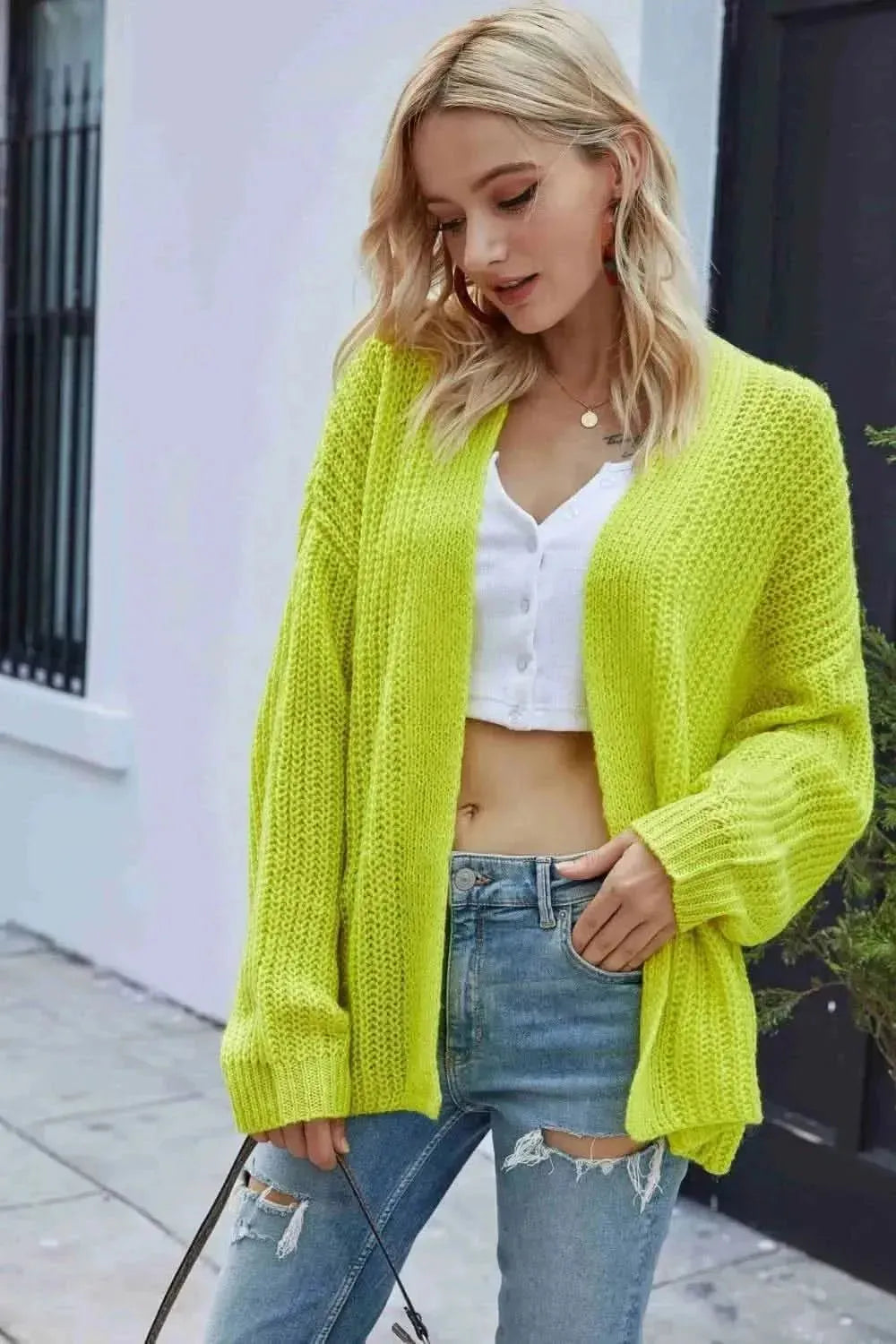 Rib-Knit Open Front Drop Shoulder Cardigan - Bad Moms Club