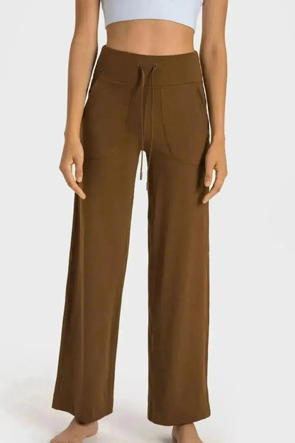 Drawstring Waist Wide Leg Sports Pants with Pockets - Bad Moms Club