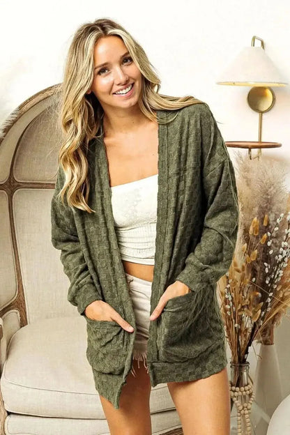 BiBi Checkered Long Sleeve Open Front Cardigan - Bad Moms Club