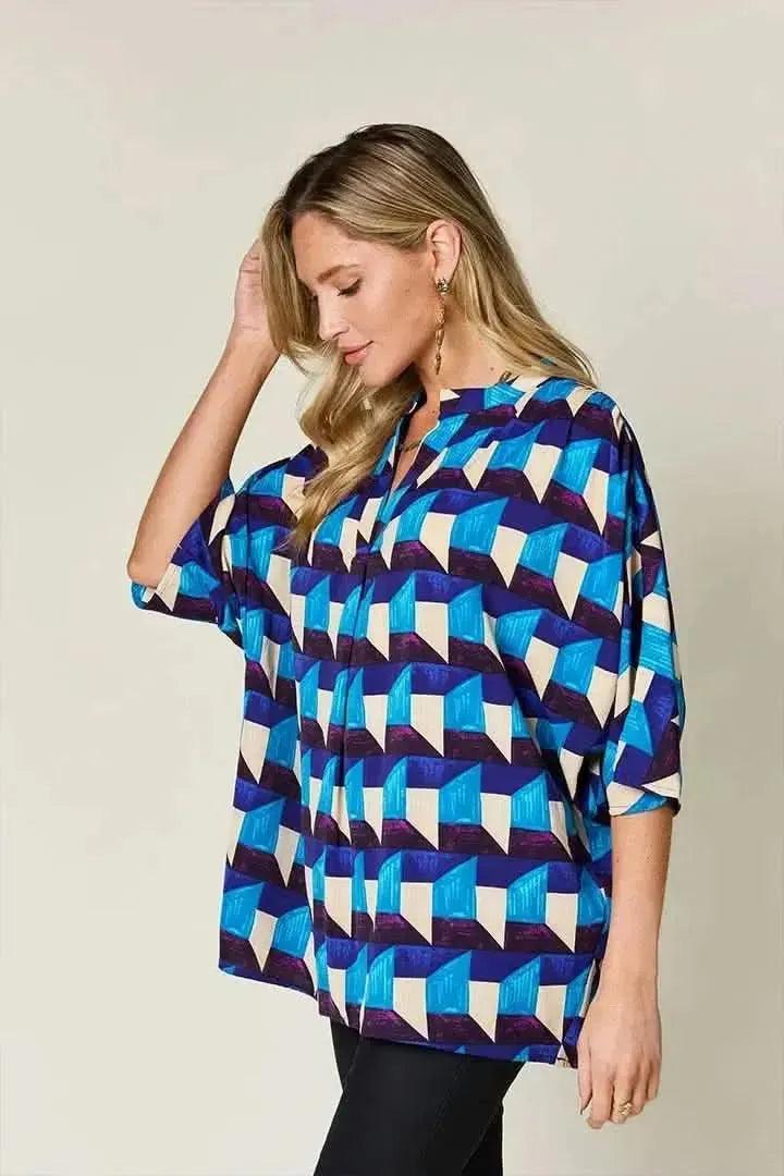 Double Take Full Size Geometric Notched Half Sleeve Blouse - Bad Moms Club