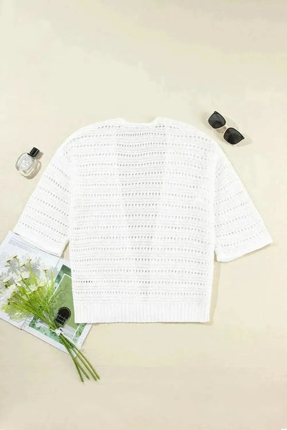 Openwork Open Front Long Sleeve Cardigan - Bad Moms Club
