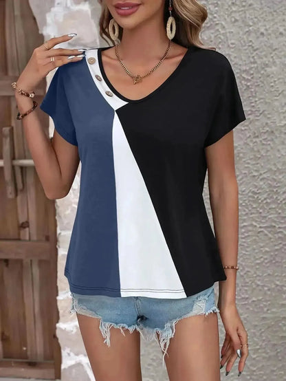 Ivy Lane Color Block Decorative Button V-Neck Tee - Bad Moms Club