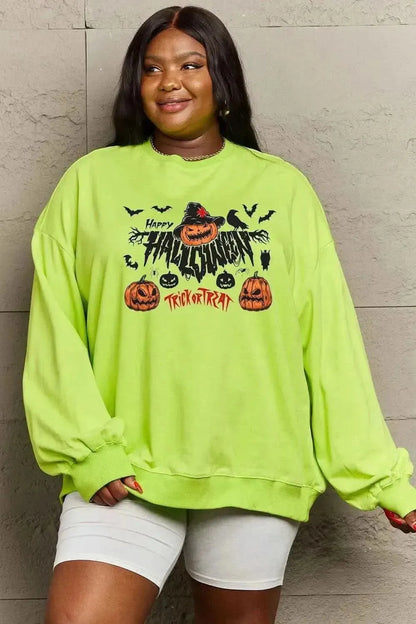 Simply Love Full Size HAPPY HALLOWEEN TRICK OR TREAT Graphic Sweatshirt - Bad Moms Club