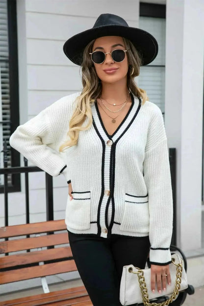 Waffle Knit V-Neck Cardigan with Pocket - Bad Moms Club