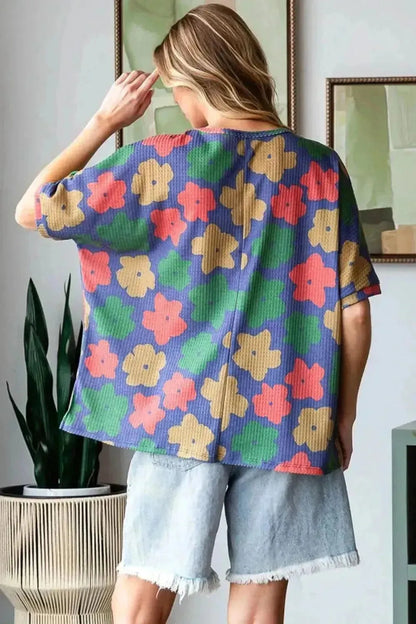 HOPELY Full Size Floral Round Neck Side Slit T-Shirt - Bad Moms Club