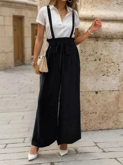 Perfee Tied Wide Leg Pants with Shoulder Straps - Bad Moms Club