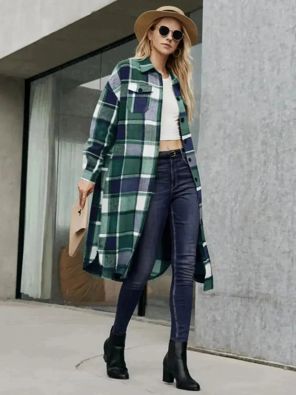 Plaid Pocketed Button Up Trench Coat - Bad Moms Club