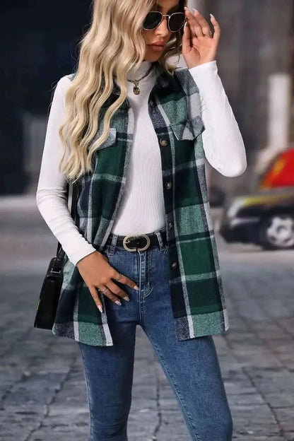 Plaid Button Up Vest Coat - Bad Moms Club