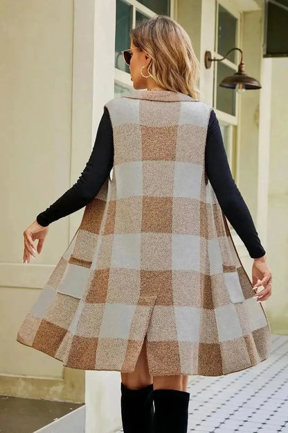 Plaid Open Front Sleeveless Cardigan with Pockets - Bad Moms Club