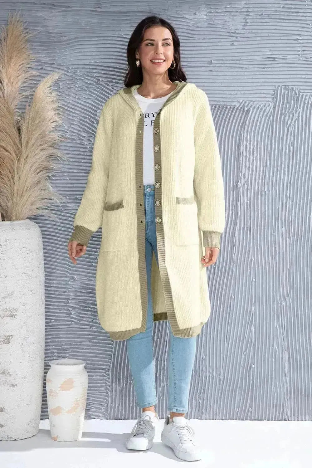 Button Up Contrast Trim Hooded Cardigan - Bad Moms Club