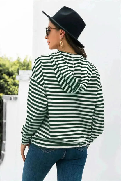 Striped Half-Button Dropped Shoulder Hoodie - Bad Moms Club