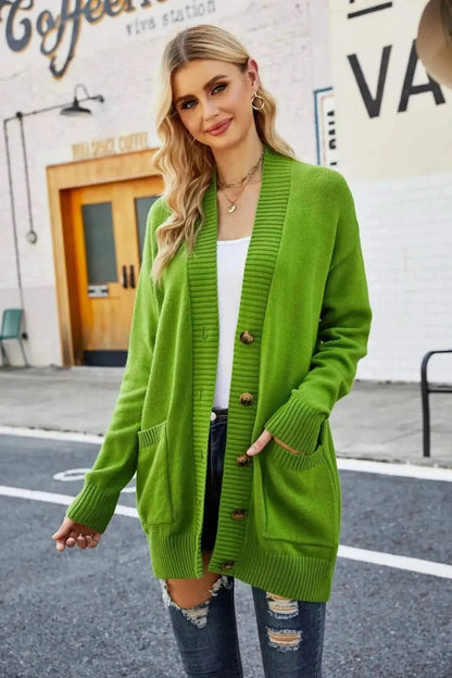 Ribbed Trim Dropped Shoulder Pocketed Cardigan - Bad Moms Club