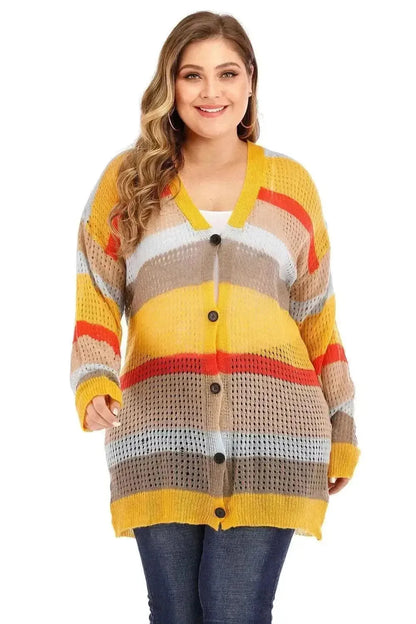 Plus Openwork Color Block Button Up Cardigan - Bad Moms Club