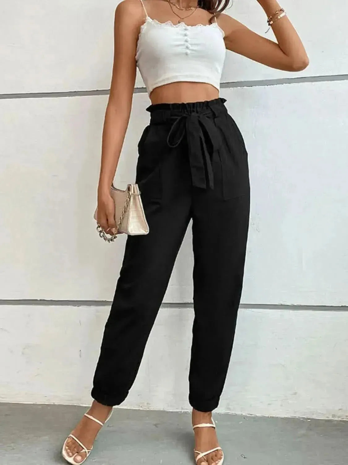 Perfee Tie Front Long Pants - Bad Moms Club