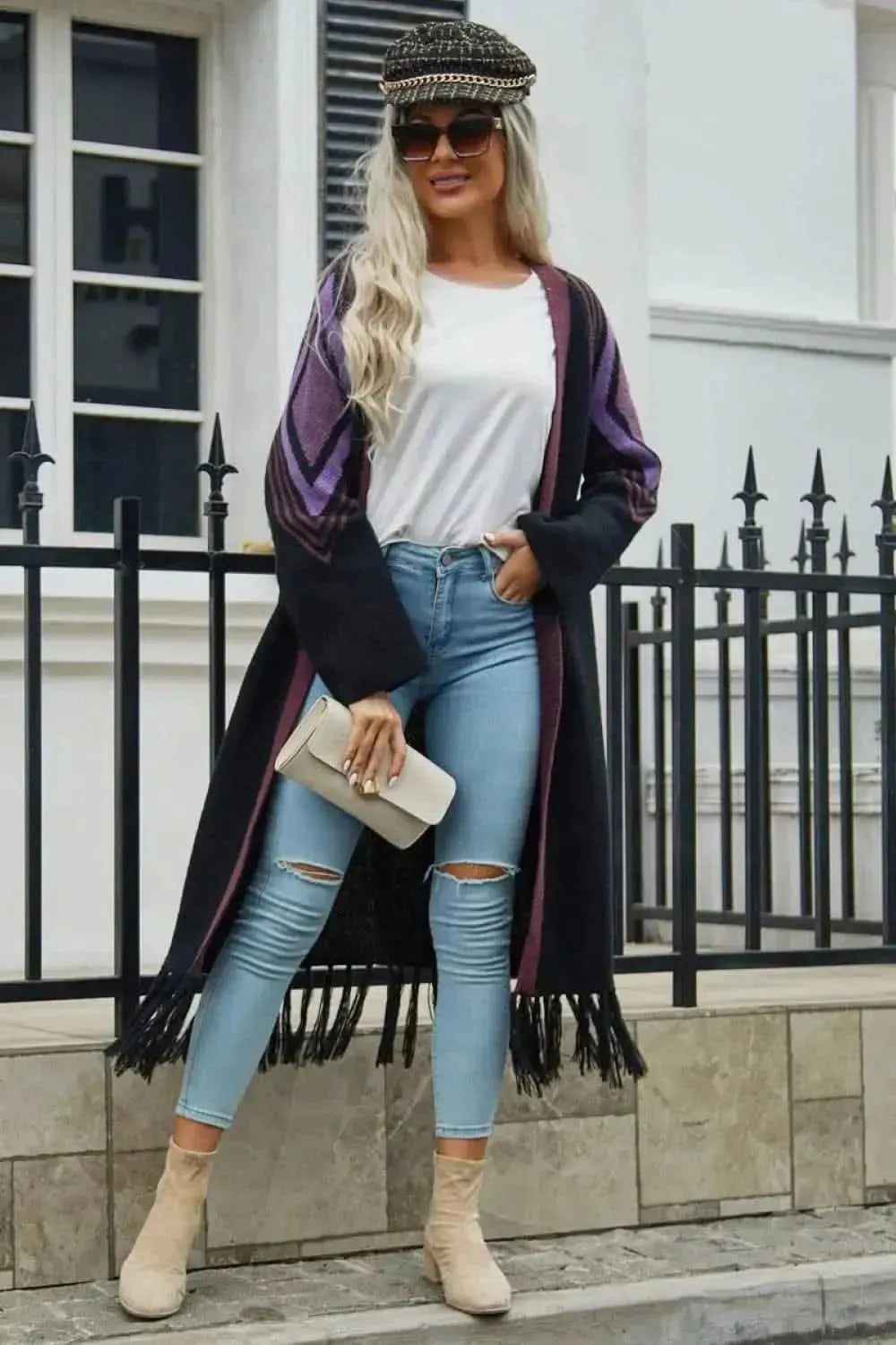 Geometric Fringe Hem Open Front Duster Cardigan - Bad Moms Club