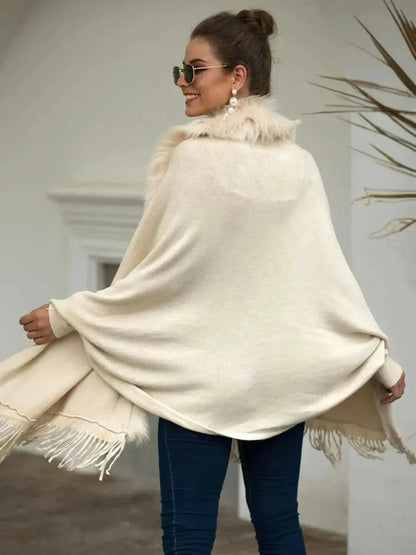 Fringe Open Front Long Sleeve Poncho - Bad Moms Club