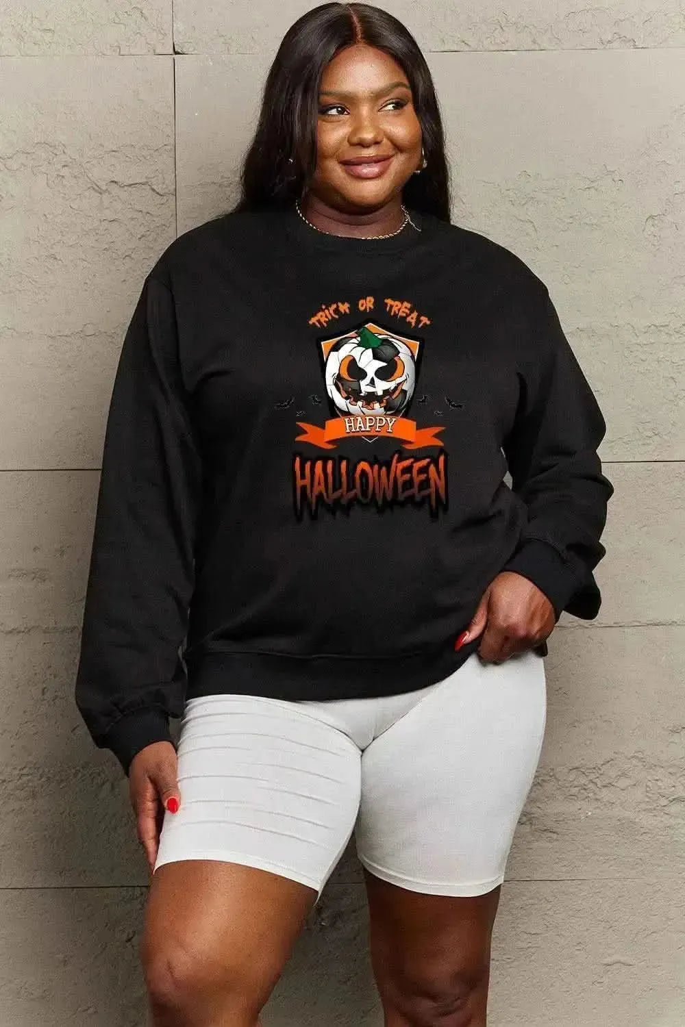 Simply Love Full Size TRICK OR TREAT HAPPY HALLOWEEN Graphic Sweatshirt - Bad Moms Club