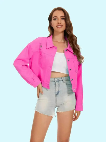 Distressed Distressed Button Up Denim Jacket - Bad Moms Club
