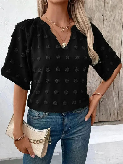 Ivy Lane Swiss Dot Notched Half Sleeve Blouse - Bad Moms Club