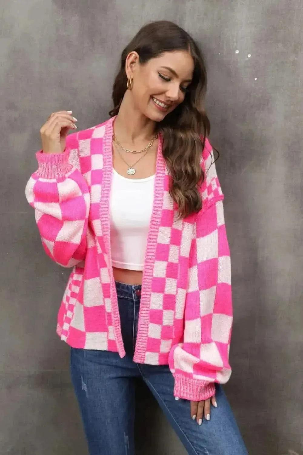 Checkered Open Front Drop Shoulder Cardigan - Bad Moms Club