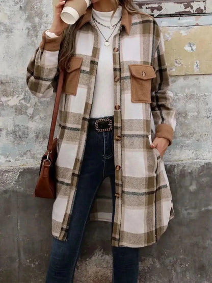 Perfee Plaid Button Up Long Sleeve Coat - Bad Moms Club