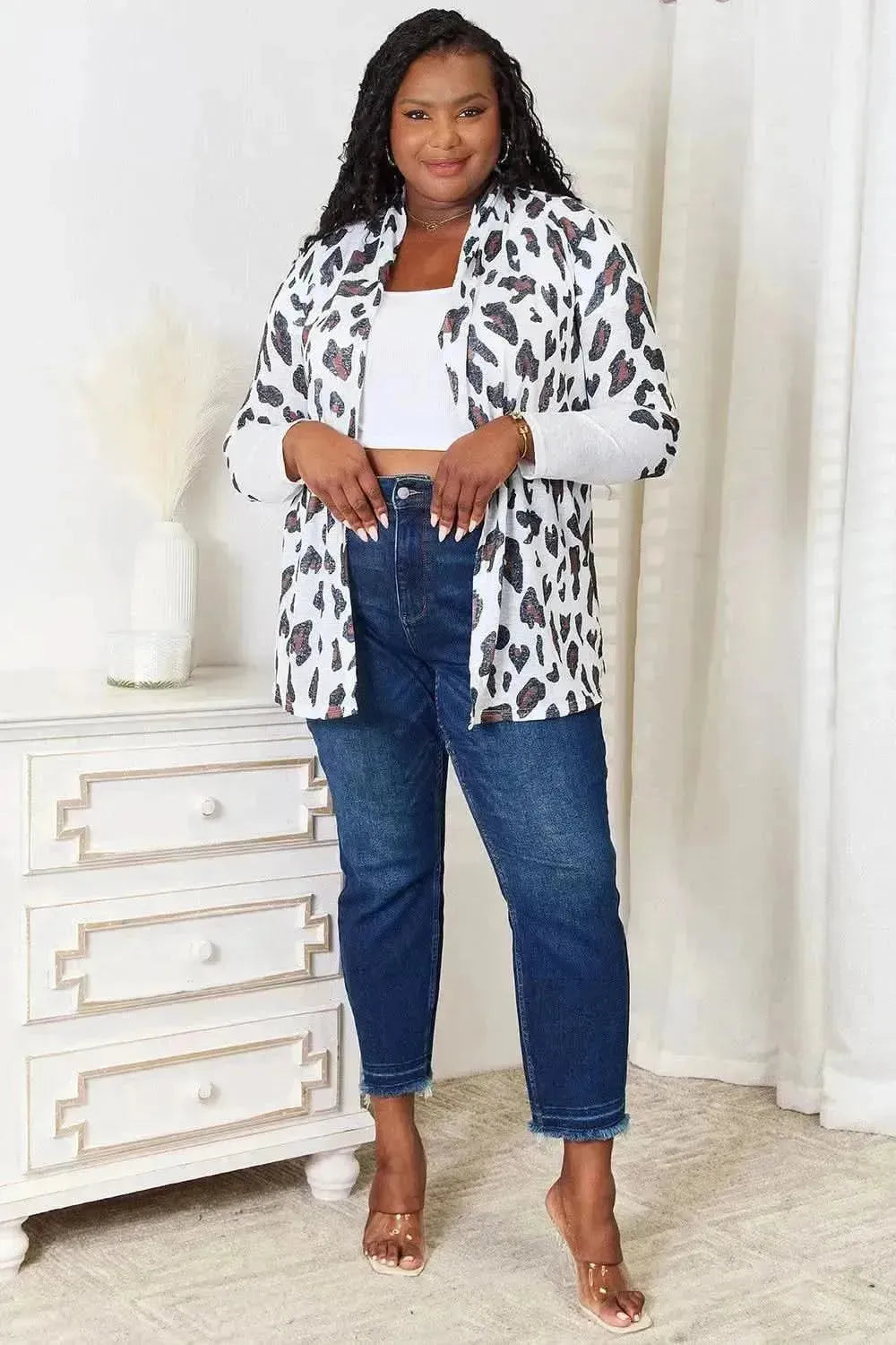 Double Take Leopard Long Sleeve Cardigan - Bad Moms Club