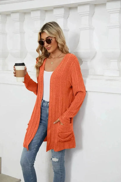 Pocketed Open Front Long Sleeve Cardigan - Bad Moms Club