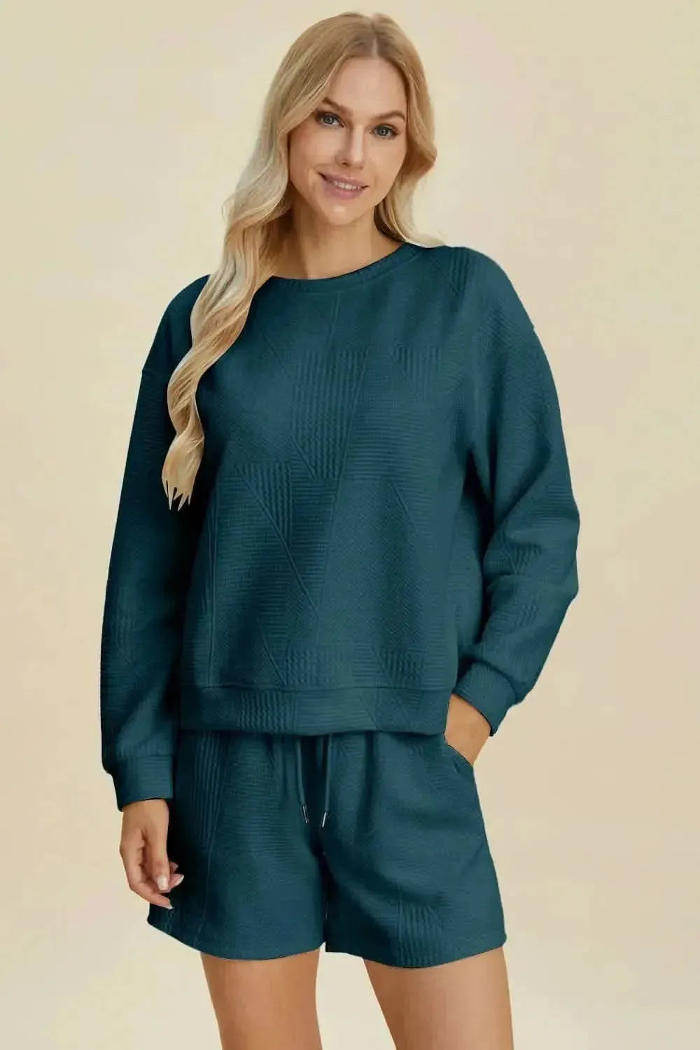 Double Take Full Size Texture Round Neck Long Sleeve Top and Shorts Set - Bad Moms Club