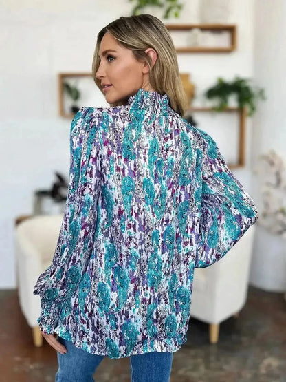 Double Take Full Size Printed Smocked Long Sleeve Blouse - Bad Moms Club