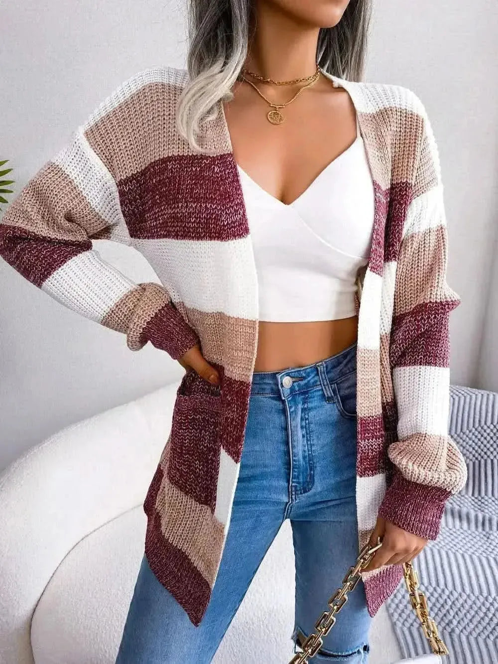 Striped Rib-Knit Open Front Longline Cardigan - Bad Moms Club
