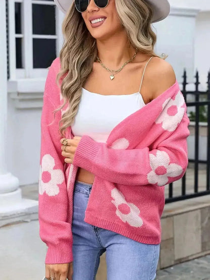 Flower Open Front Long Sleeve Cardigan - Bad Moms Club