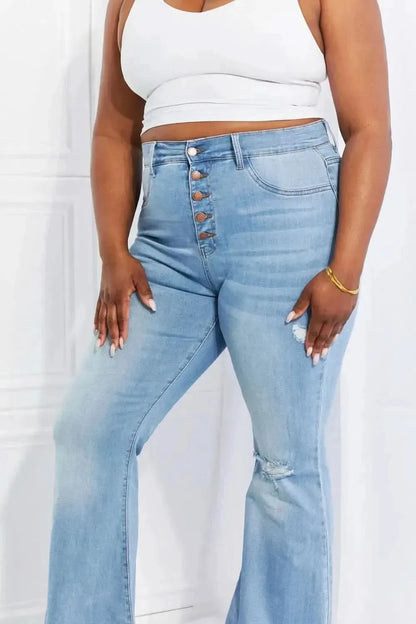 Vibrant MIU Full Size Jess Button Flare Jeans - Bad Moms Club
