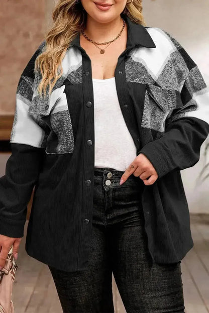 Plus Size Plaid Snap Down Jacket with Pockets - Bad Moms Club