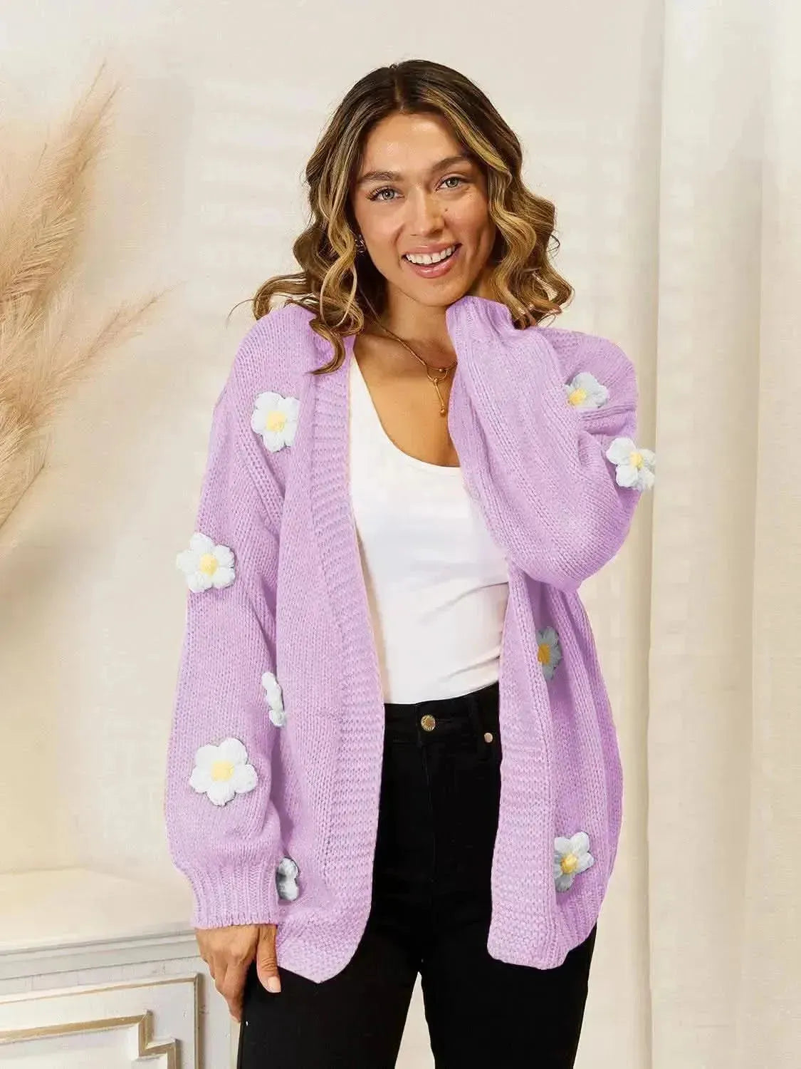 Flower Dropped Shoulder Open Front Cardigan - Bad Moms Club