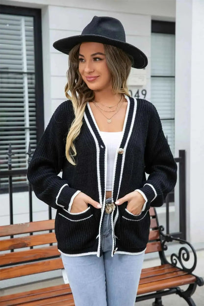 Waffle Knit V-Neck Cardigan with Pocket - Bad Moms Club