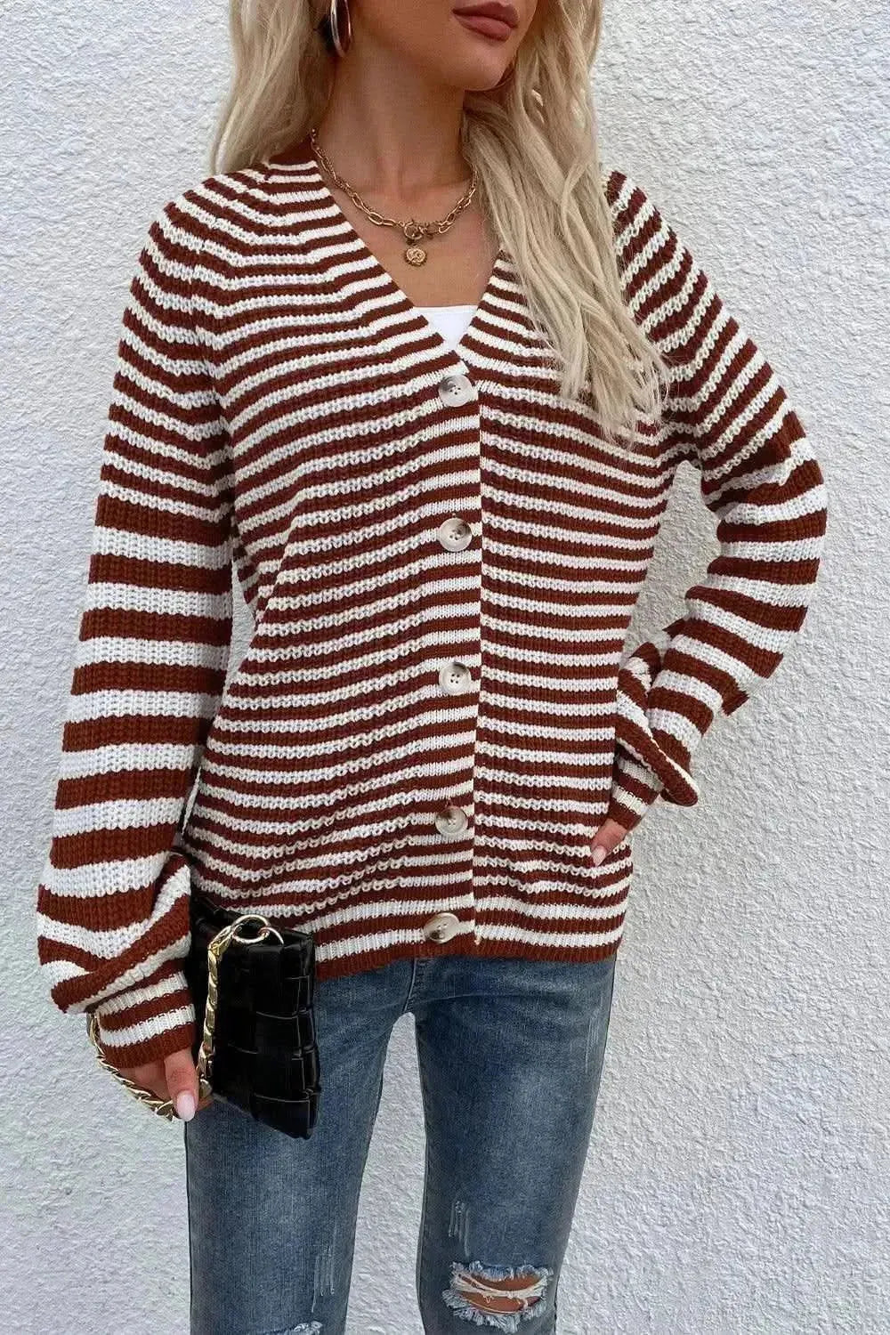 Striped V-Neck Button-Down Cardigan - Bad Moms Club