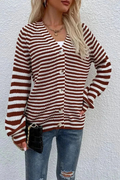 Striped V-Neck Button-Down Cardigan - Bad Moms Club