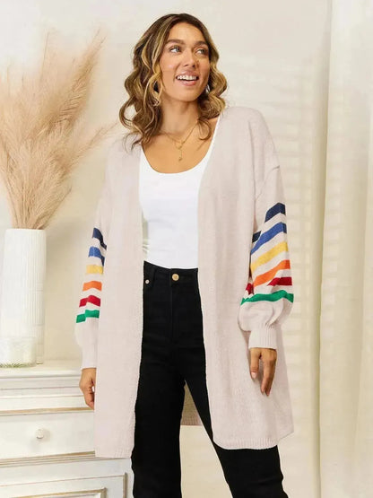 Striped Open Front Dropped Shoulder Cardigan - Bad Moms Club