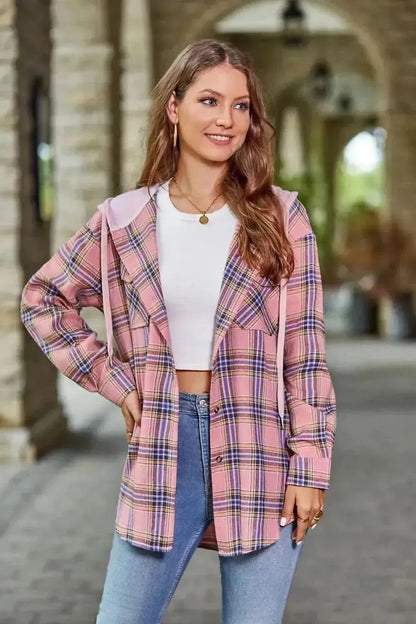 Plaid Long Sleeve Hooded Jacket - Bad Moms Club