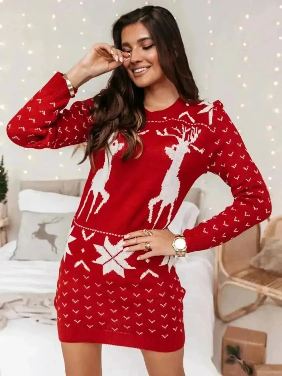 Reindeer Print Tunic Sweater Dress - Bad Moms Club