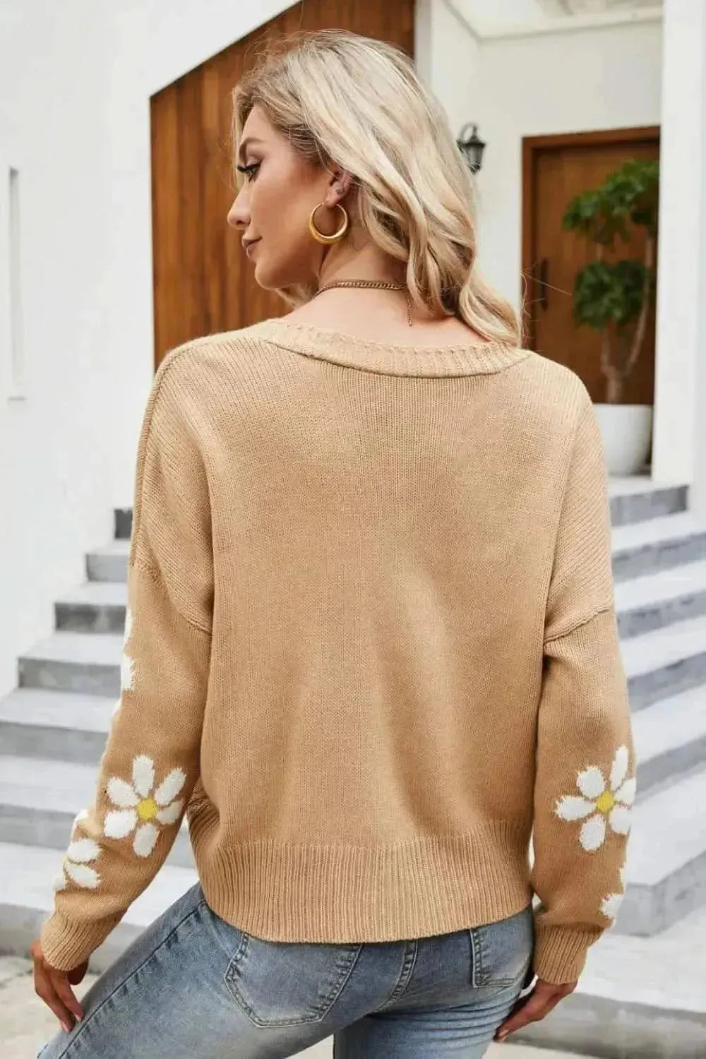 Floral Ribbed Trim Drop Shoulder Cardigan - Bad Moms Club