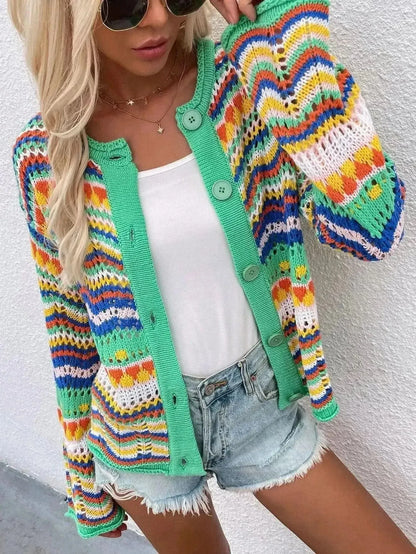 Chevron Stripes Openwork Cardigan - Bad Moms Club
