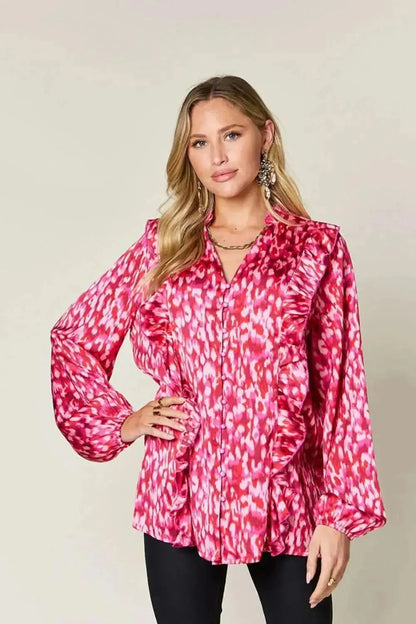 Double Take Full Size Printed Ruffle Trim Balloon Sleeve Shirt - Bad Moms Club