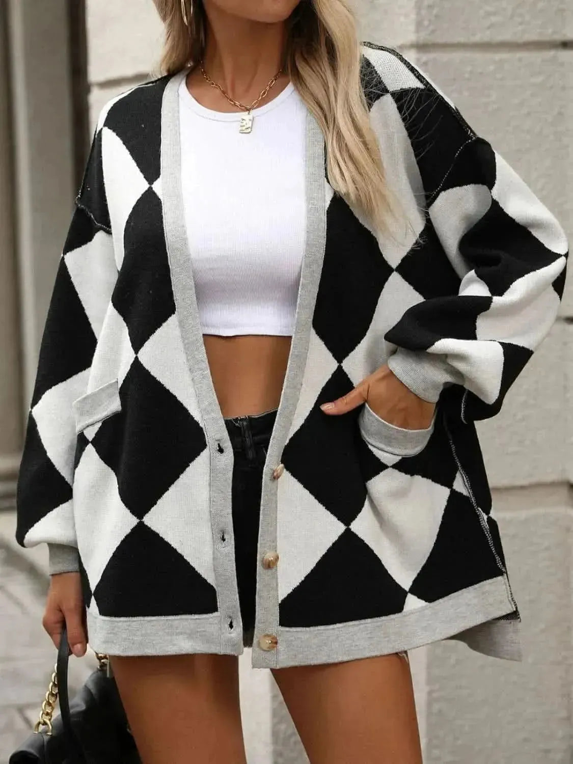 Checkered Dropped Shoulder Long Sleeve Cardigan - Bad Moms Club