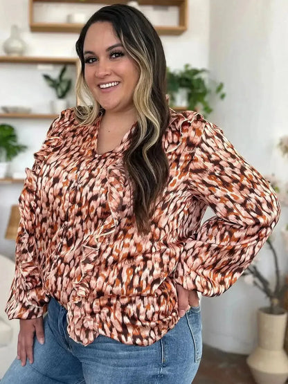 Double Take Full Size Printed Ruffle Trim Balloon Sleeve Shirt - Bad Moms Club