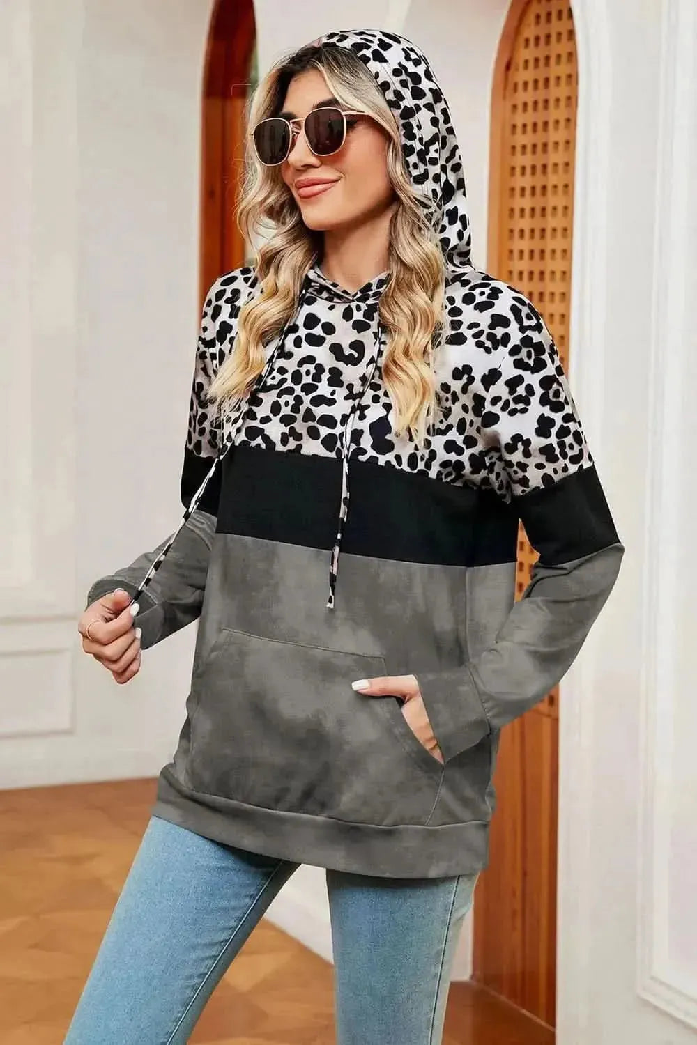 Leopard Drawstring Hoodie with Pocket - Bad Moms Club