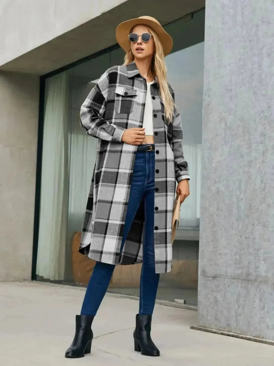 Plaid Pocketed Button Up Trench Coat - Bad Moms Club