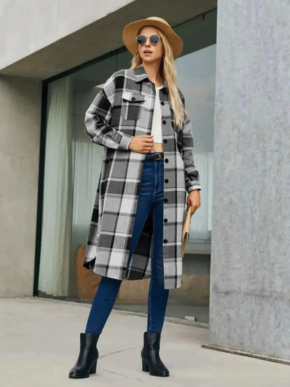 Plaid Pocketed Button Up Trench Coat - Bad Moms Club