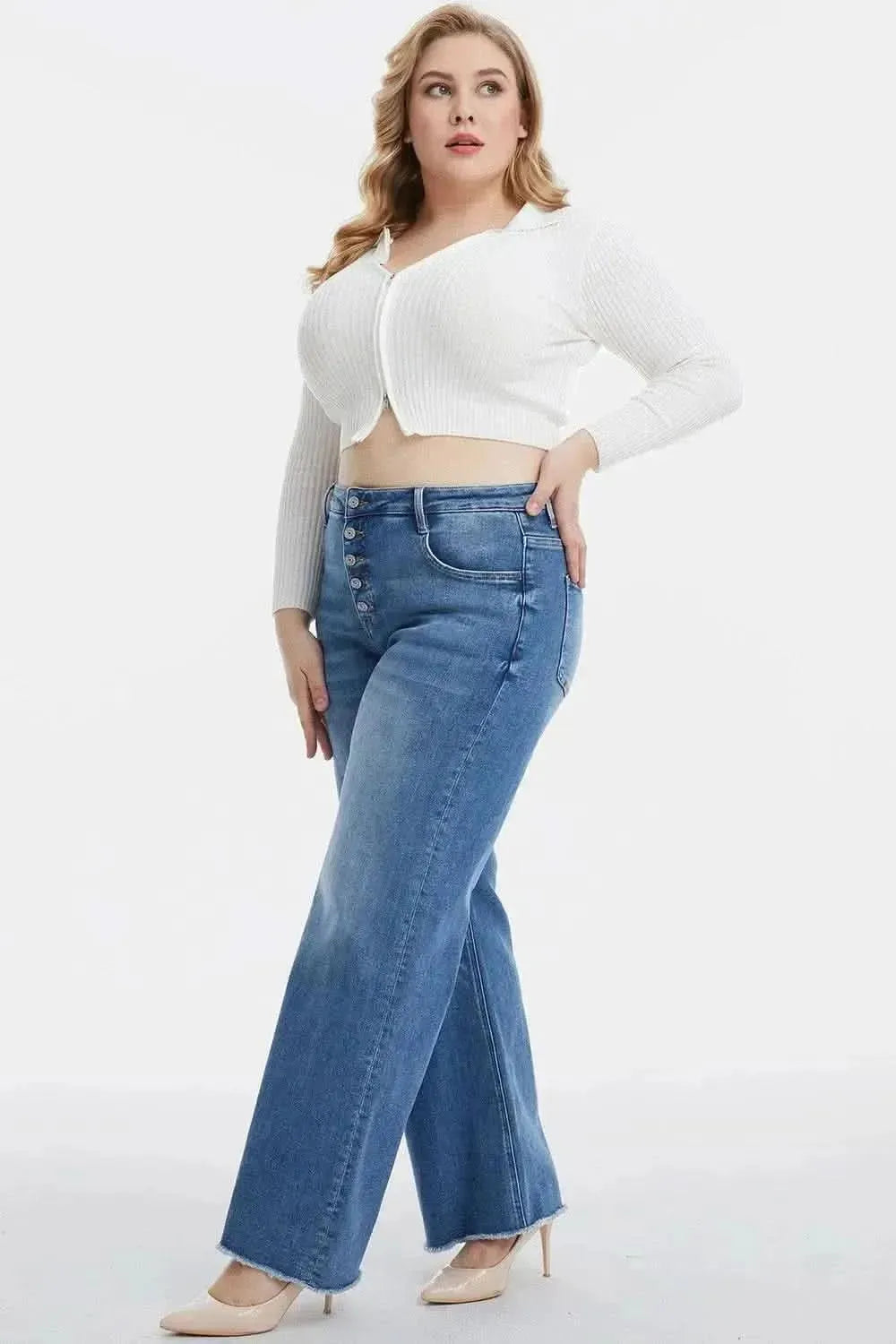 BAYEAS Full Size High Waist Button-Fly Raw Hem Wide Leg Jeans - Bad Moms Club